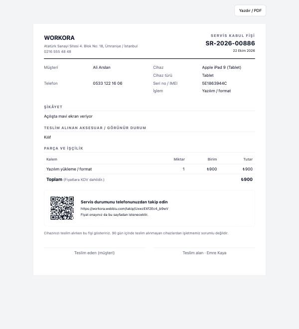QR kodlu servis kabul fişi
