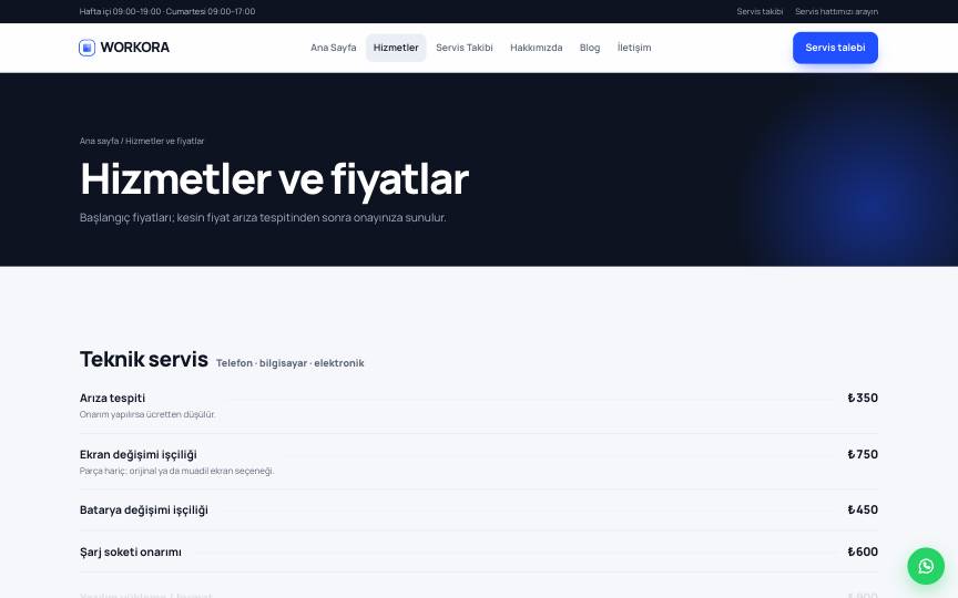 Hizmetler ve başlangıç fiyatları